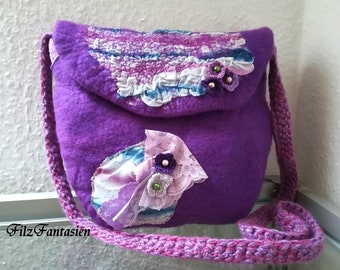 Felted bag with silk, boho handbag, felt bag, shoulder bag