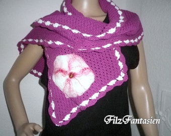 Hand-knitted scarf made of cotton, knitted scarf, women's scarf with felt flowers