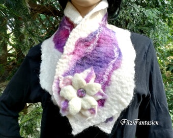 Felt collared scarf, felt scarf, wool scarf with silk