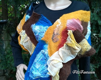 Nuno felt scarf, felted scarf with hand-dyed silk, cotton and pearls in patchwork style