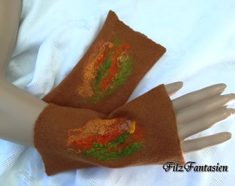 Felted cuffs with wool curls and silk, felt cuffs, arm warmers, fingerless gloves