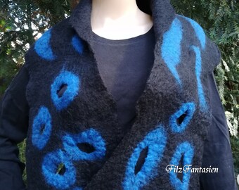 Felt scarf, felt scarf with hole pattern in black and blue