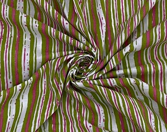 Green Striped Cotton Fabric: Hand Block Printed Sewing Material