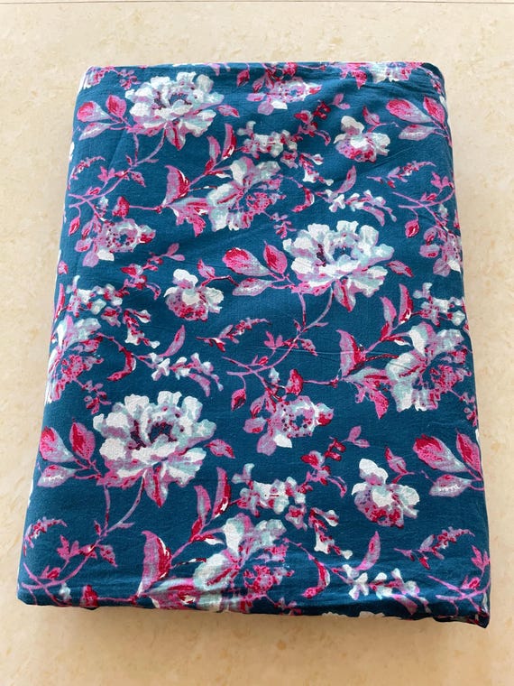 Blue and Pink Floral Print Fabric, Soft Fabric, Sustainable