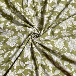Green Floral Print Fabric, Sustainable Fashion, 100% Cotton, Sewing Fabric, Dress Material By Yard