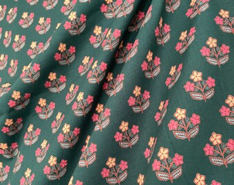 Deep Green Small Motifs Print Fabric, Soft Fabric, Sustainable Fashion, 100% Cotton, Sewing Fabric, Dress Material By Yard