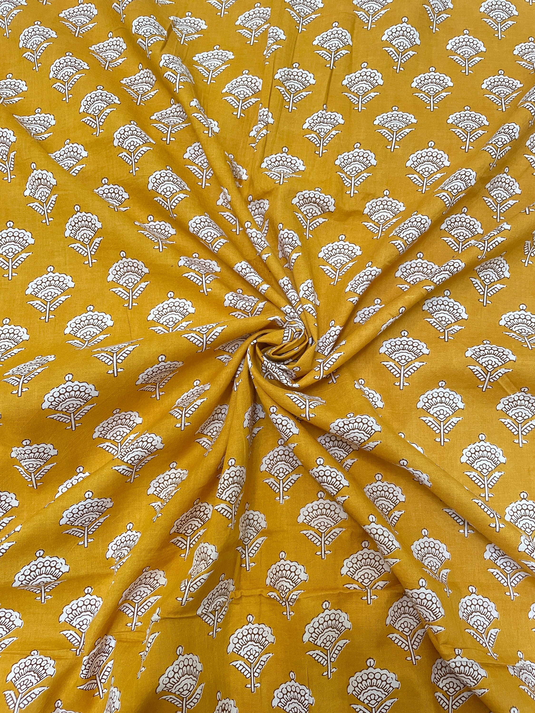 White And Yellow Motifs Print Fabric, Sustainable Fashion, 100% Cotton, Sewing Fabric, Dress Material By Yard