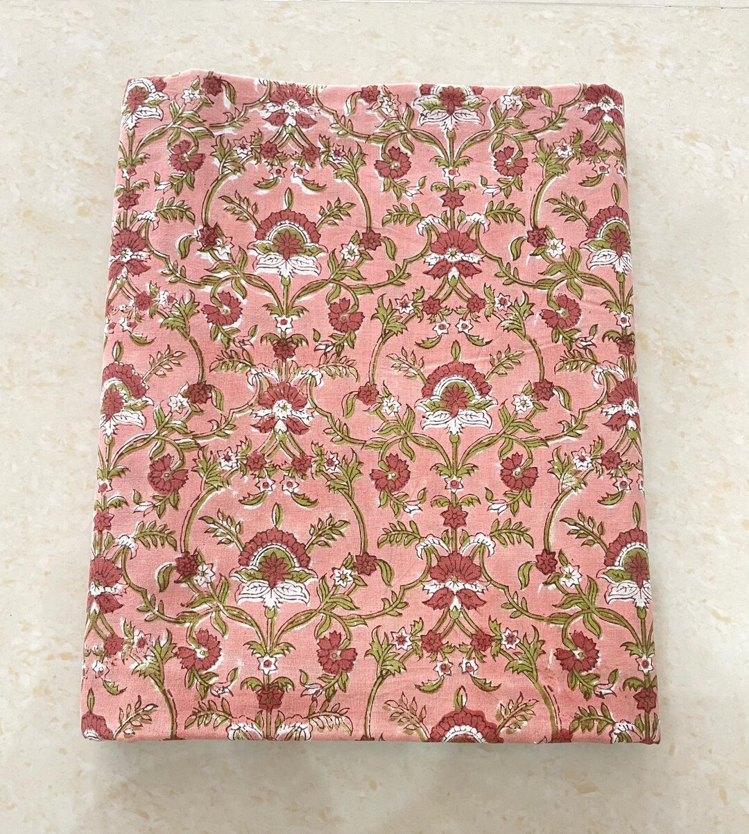 Beige and Green Floral Print Fabric, Soft Fabric, Sustainable Fashion ...