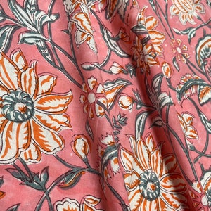 Pink Floral Handblock Printed, Soft Cotton  Sewing Fabric, Sustainable Fashion, Dress Material By Yard