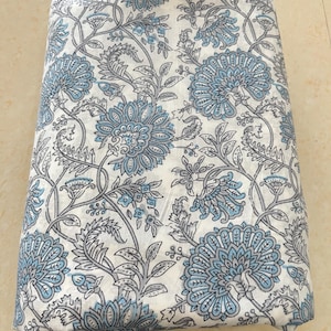 White And Sky Blue Floral Print Fabric, Soft Fabric, Sustainable Fashion, 100% Cotton, Sewing Fabric, Dress Material By Yard