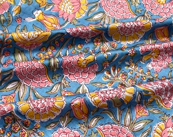 May include: A blue fabric with a floral pattern. The flowers are pink and yellow with green leaves.