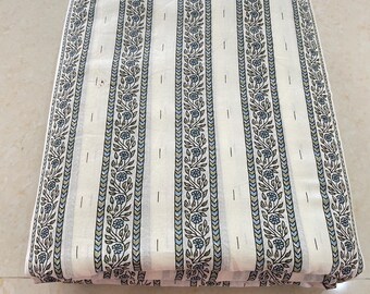 White Blue Border Print Fabric, Soft Fabric, Sustainable Fashion, 100% Cotton, Sewing Fabric, Dress Material By Yard