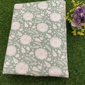 Mint Green Floral Print Fabric, Soft Fabric, Sustainable Fashion, 100% Cotton, Sewing Fabric, Dress Material By Yard