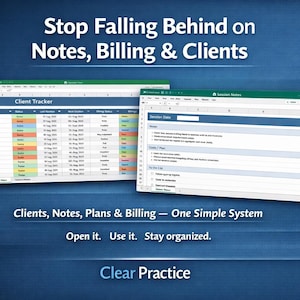 Könnte beinhalten: Bild zur Werbung für die Clear Practice Software. Das Bild zeigt zwei geöffnete Tabellenfenster mit dem Text "Client Tracker" und "Session Notes". Der Text "Stop Falling Behind on Notes, Billing & Clients" steht oben. Der Text "Clients, Notes, Plans & Billing - One Simple System" steht darunter.