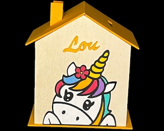 Salvadanaio a forma di casa di unicorno – Salvadanaio personalizzabile – Decorazione per bambini a tema unicorno