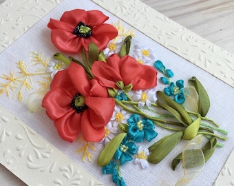Poppies flowers Unique embroidered greeting card 3D effect Hand embroidery ribbons Folding card Mom birthday card Ukraine seller
