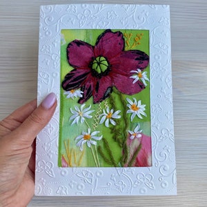 Handgemachte gesteppte Blumen Grußkarte - Upcycled Stoff Mohnblumen und Gänseblümchen für Mamas Geburtstag - Dankeskarte - Ukrainische Kunst