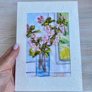 Carte de voeux printanière Branche de pommier brodée Carte de fleurs unique effet 3D Rubans de broderie à la main Carte d'anniversaire de maman Vendeur ukrainien