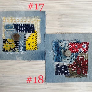 Collection of handmade boro sashiko denim patches created from recycled jeans and fabric scraps with decorative hand stitching.