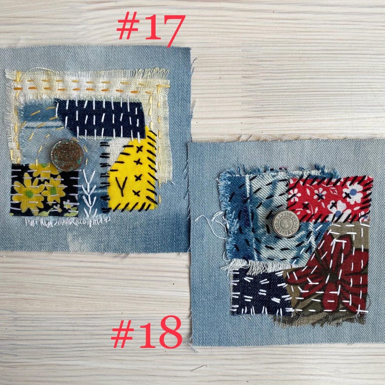 Collection of handmade boro sashiko denim patches created from recycled jeans and fabric scraps with decorative hand stitching.