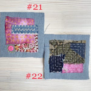 Collection of handmade boro sashiko denim patches created from recycled jeans and fabric scraps with decorative hand stitching.