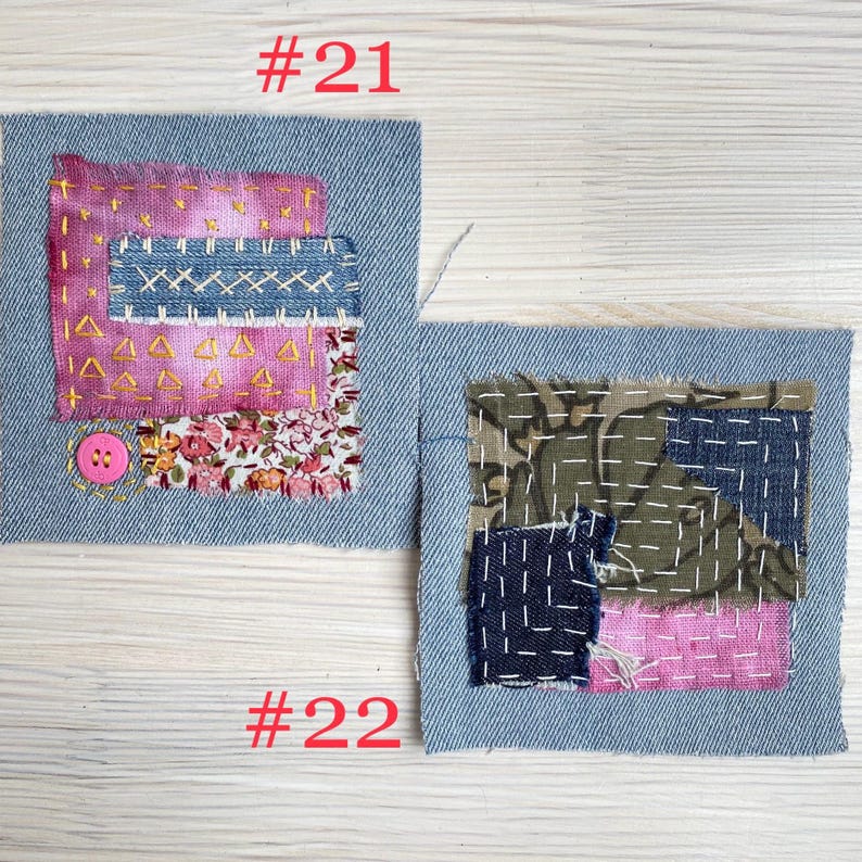 Collection of handmade boro sashiko denim patches created from recycled jeans and fabric scraps with decorative hand stitching.