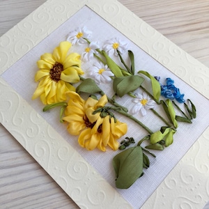 Cartão de felicitações bordado de girassol laranja Cartão de outono de flores Bordado de fita à mão Efeito 3D Cartão duplo dobrável Aniversário Mãe Ucrânia loja