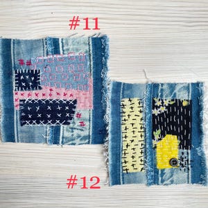 Collection of handmade boro sashiko denim patches created from recycled jeans and fabric scraps with decorative hand stitching.