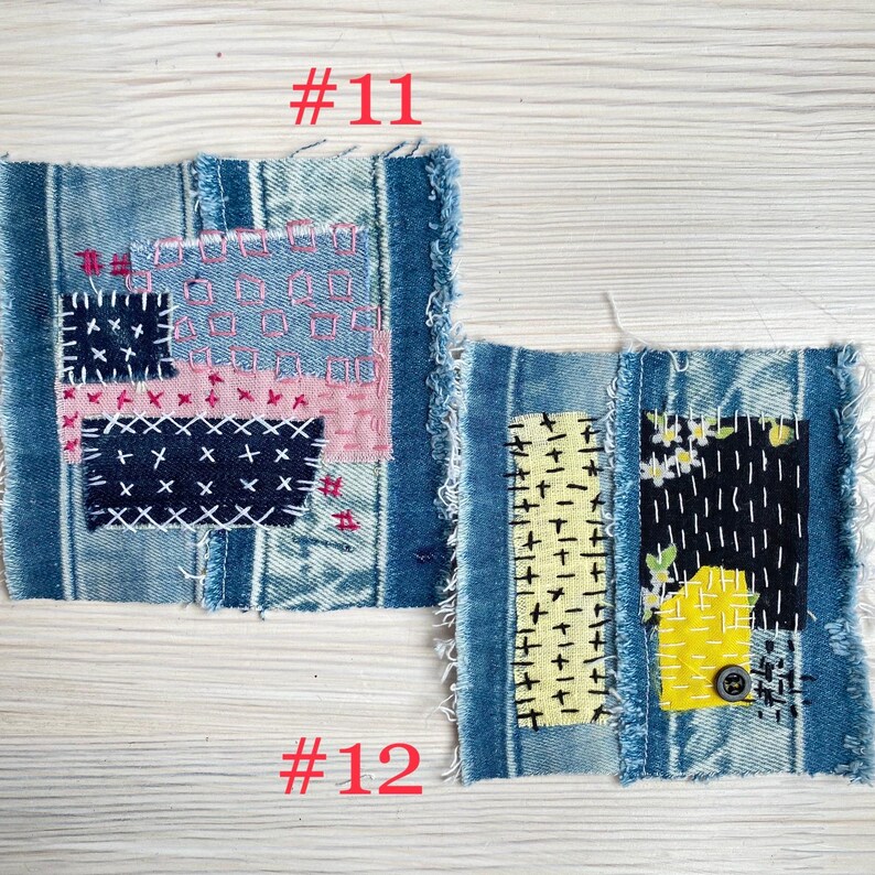 Collection of handmade boro sashiko denim patches created from recycled jeans and fabric scraps with decorative hand stitching.