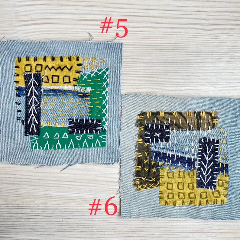 Collection of handmade boro sashiko denim patches created from recycled jeans and fabric scraps with decorative hand stitching.