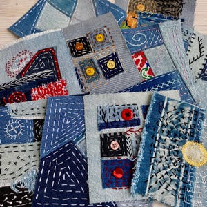 Upcycled Denim Patch: Hand-Embroidered Boro Sashiko Textile Art