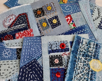 Upcycled Denim Patch: Hand-Embroidered Boro Sashiko Textile Art