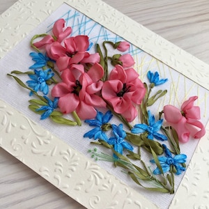 Poppies and cornflowers Unique embroidered greeting card 3D effect Hand embroidery ribbons Folding card Mom birthday card Ukraine seller