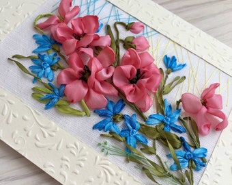 Poppies and cornflowers Unique embroidered greeting card 3D effect Hand embroidery ribbons Folding card Mom birthday card Ukraine seller