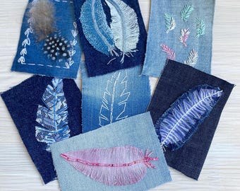 Hand Embroidered Denim Feather Patch, Textile Art Applique, Beaded Embellishment, Junk Journal Fabric