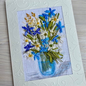 Flores silvestres em um vaso Cartão de felicitações bordado exclusivo Cartão de flores Bordado de fita Cartão duplo dobrável Aniversário da mãe Vendedor da Ucrânia