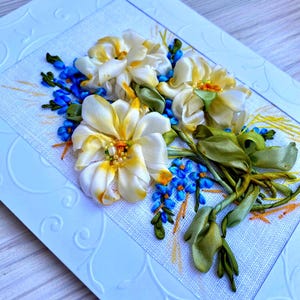 Roses and forget me nots Roses flower card Embroidered greeting card 3D effect Ribbon embroidery Double card Mom birthday Ukraine shop