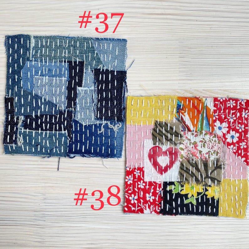 Collection of handmade boro sashiko denim patches created from recycled jeans and fabric scraps with decorative hand stitching.