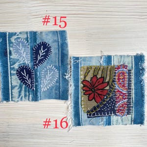 Collection of handmade boro sashiko denim patches created from recycled jeans and fabric scraps with decorative hand stitching.