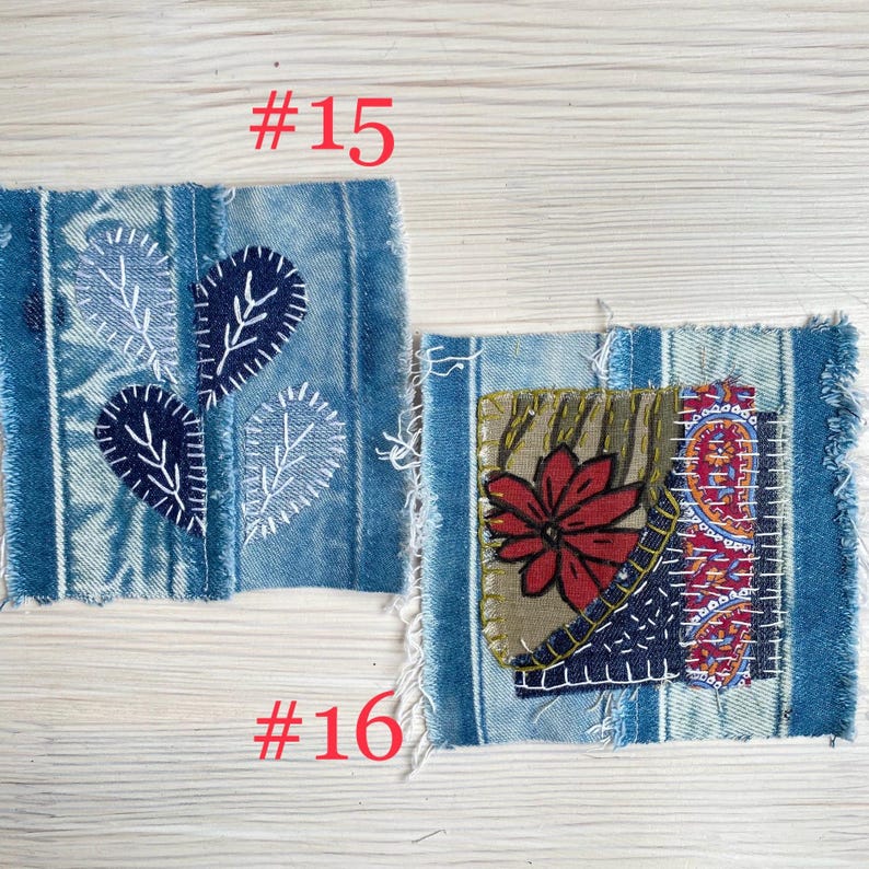 Collection of handmade boro sashiko denim patches created from recycled jeans and fabric scraps with decorative hand stitching.