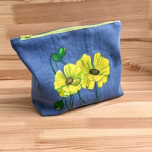 Hand Painted Denim Zipper Pouch | Upcycled Jean Cosmetic Bag with Pocket Unique and Floral Art