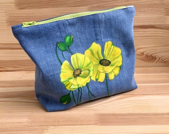Hand-Painted Yellow Poppy Denim Cosmetic Bag - Recycled Jeans