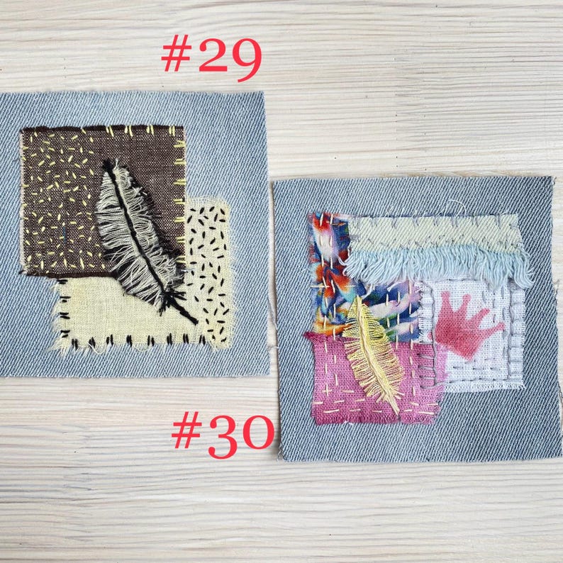 Collection of handmade boro sashiko denim patches created from recycled jeans and fabric scraps with decorative hand stitching.