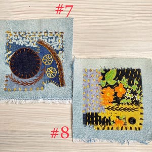 Collection of handmade boro sashiko denim patches created from recycled jeans and fabric scraps with decorative hand stitching.