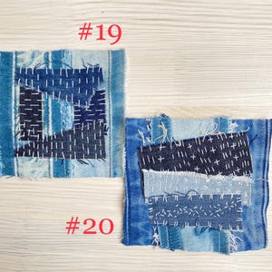 Collection of handmade boro sashiko denim patches created from recycled jeans and fabric scraps with decorative hand stitching.