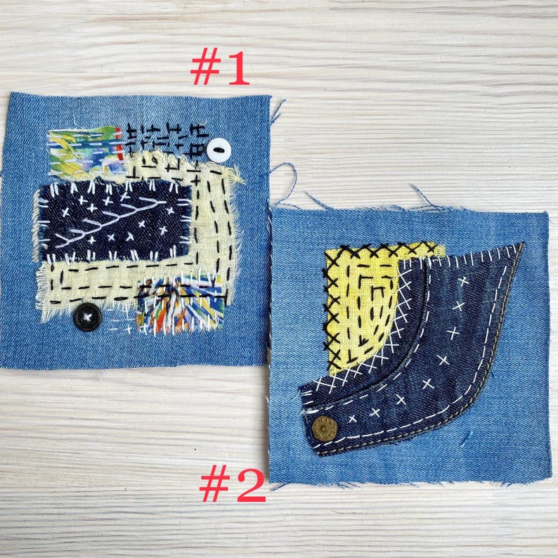 Collection of handmade boro sashiko denim patches created from recycled jeans and fabric scraps with decorative hand stitching.
