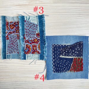 Collection of handmade boro sashiko denim patches created from recycled jeans and fabric scraps with decorative hand stitching.