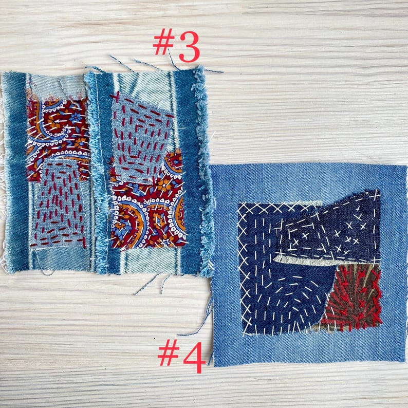Collection of handmade boro sashiko denim patches created from recycled jeans and fabric scraps with decorative hand stitching.