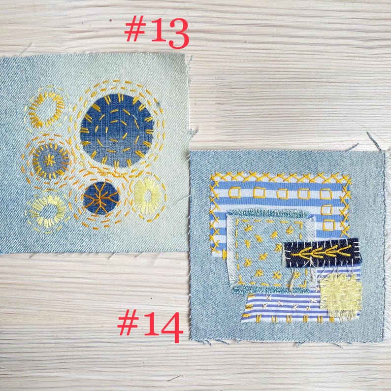 Collection of handmade boro sashiko denim patches created from recycled jeans and fabric scraps with decorative hand stitching.