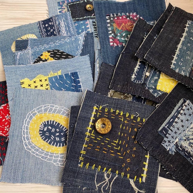 Upcycled Denim Patch: Hand-Embroidered Boro Sashiko Textile Art